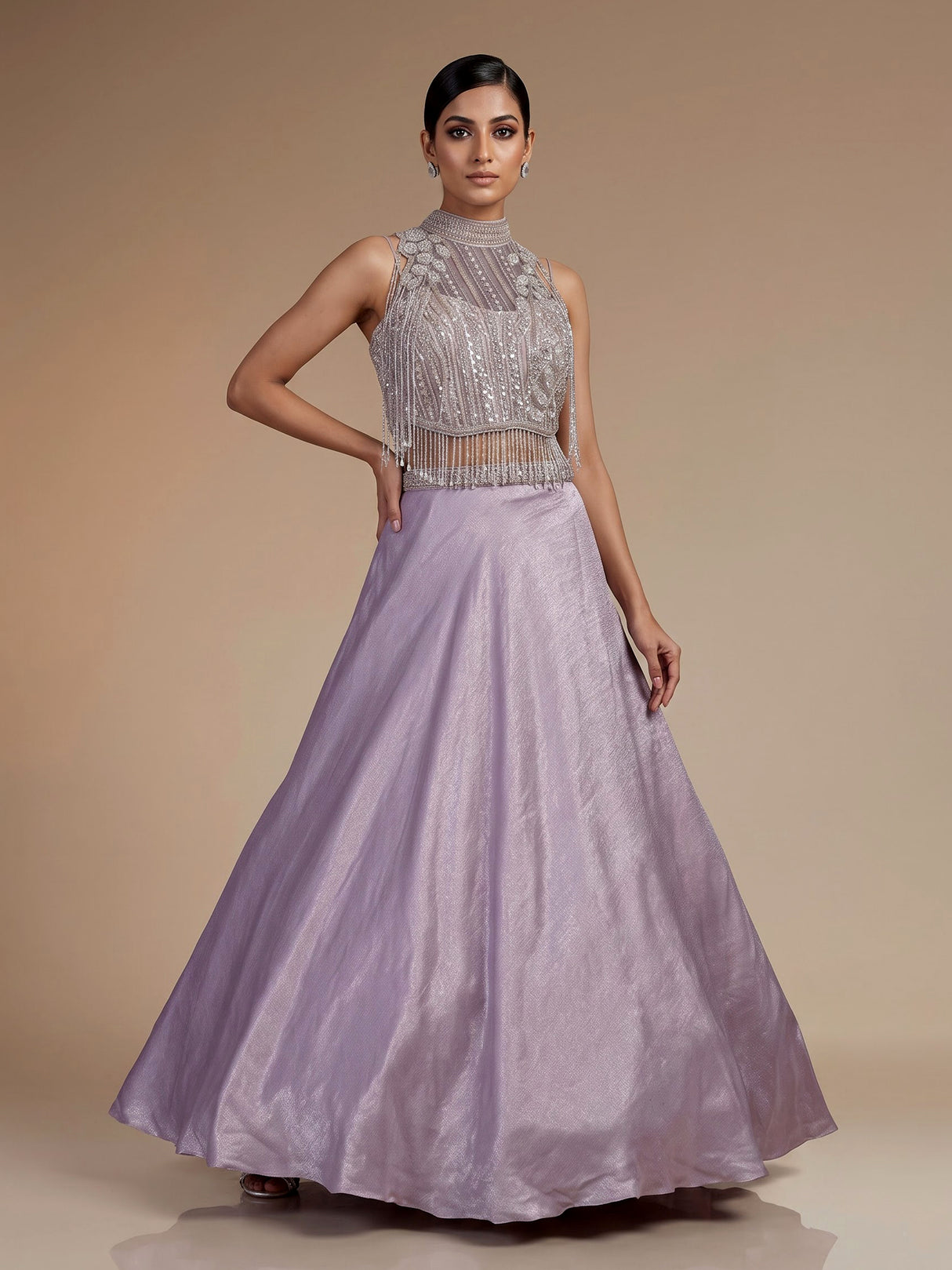Dreamy lavender purple chiffon tissue silk lehenga choli with sparkle