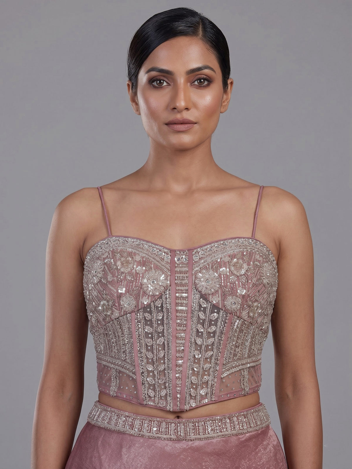 Chic onion pink chiffon tissue silk lehenga choli with embellishments