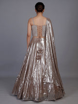 Sophisticated beige shimmer tissue silk lehenga choli with tassel accents