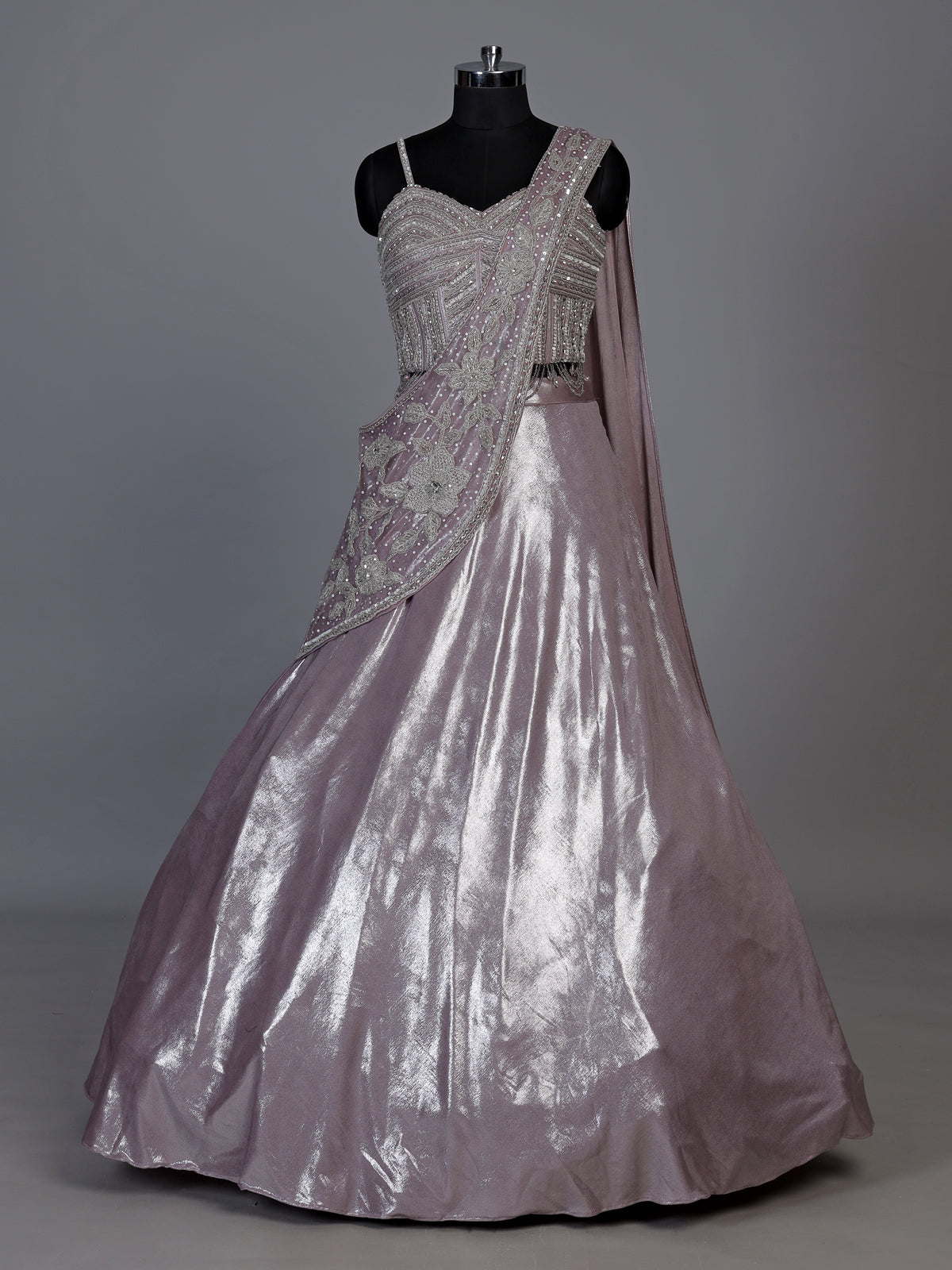 Elegant pink shimmer tissue silk lehenga choli with attached dupatta