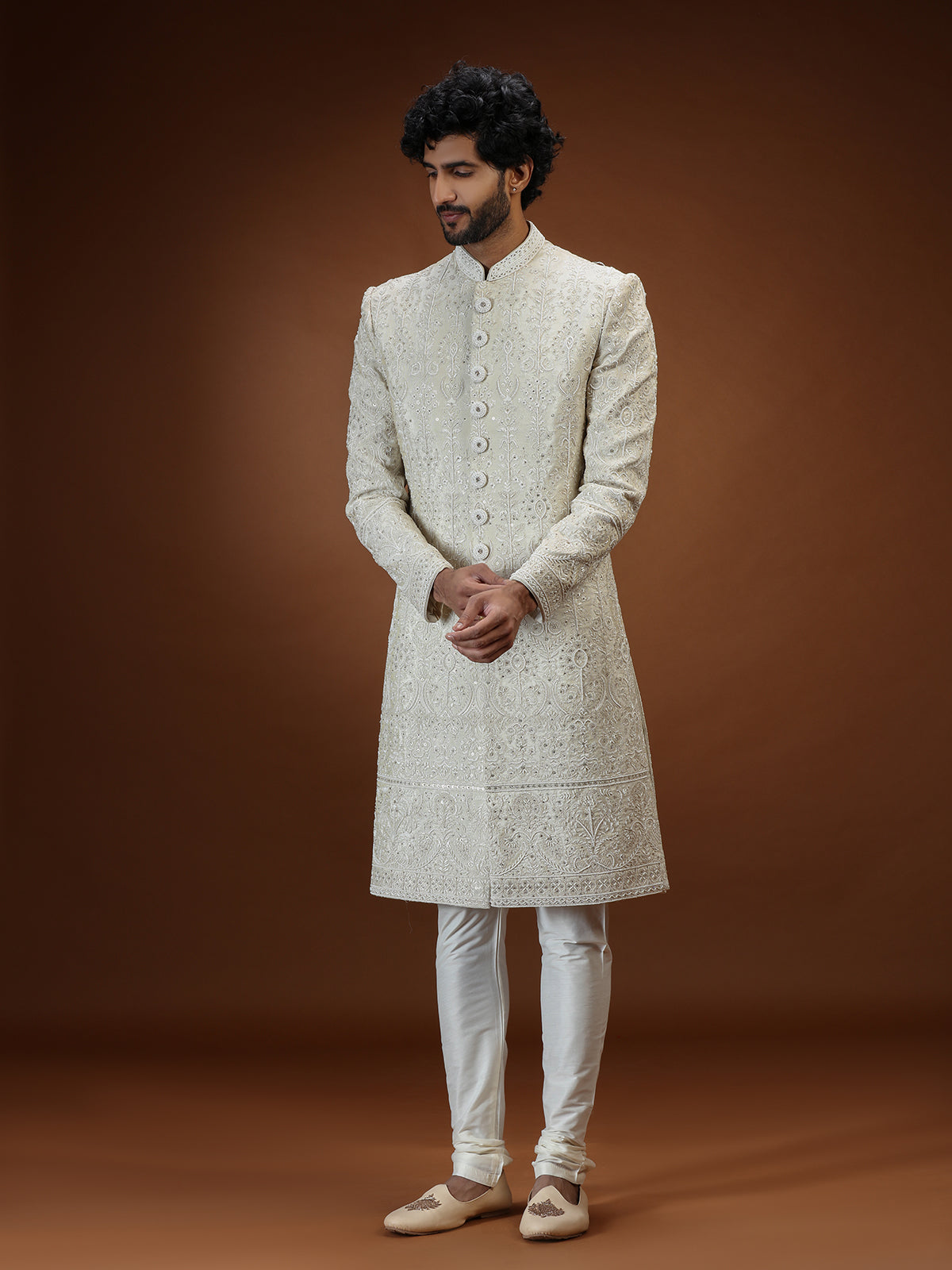 Cream tissue chikankari embroidered mens sherwani
