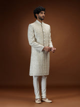 Cream tissue chikankari embroidered mens sherwani