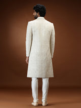 Cream tissue chikankari embroidered mens sherwani