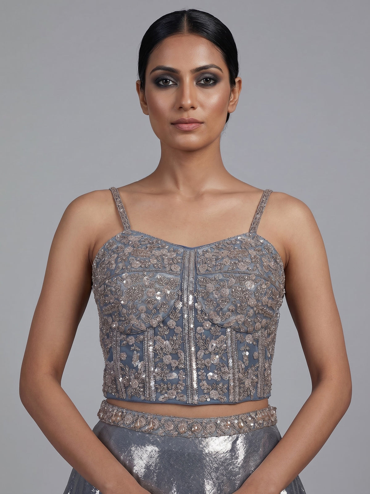 Mesmerizing stone blue shimmer tissue silk lehenga choli ensemble