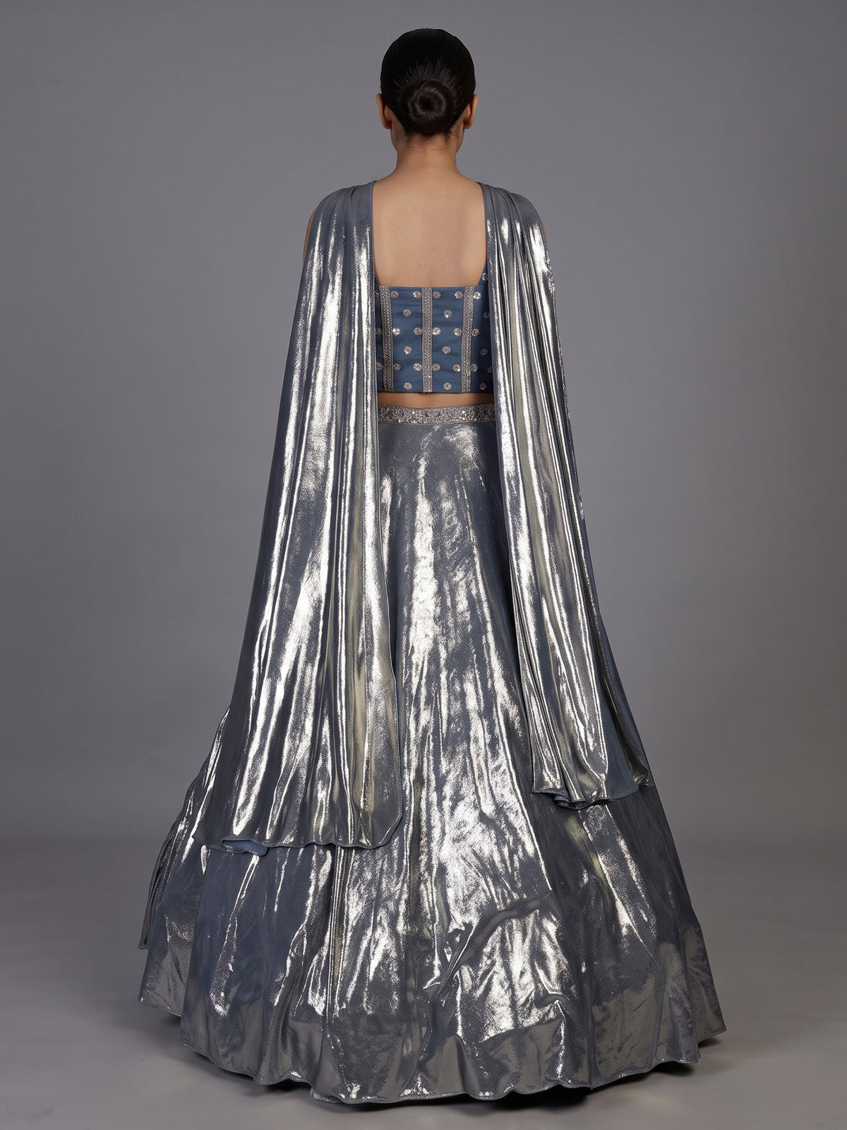 Mesmerizing stone blue shimmer tissue silk lehenga choli ensemble