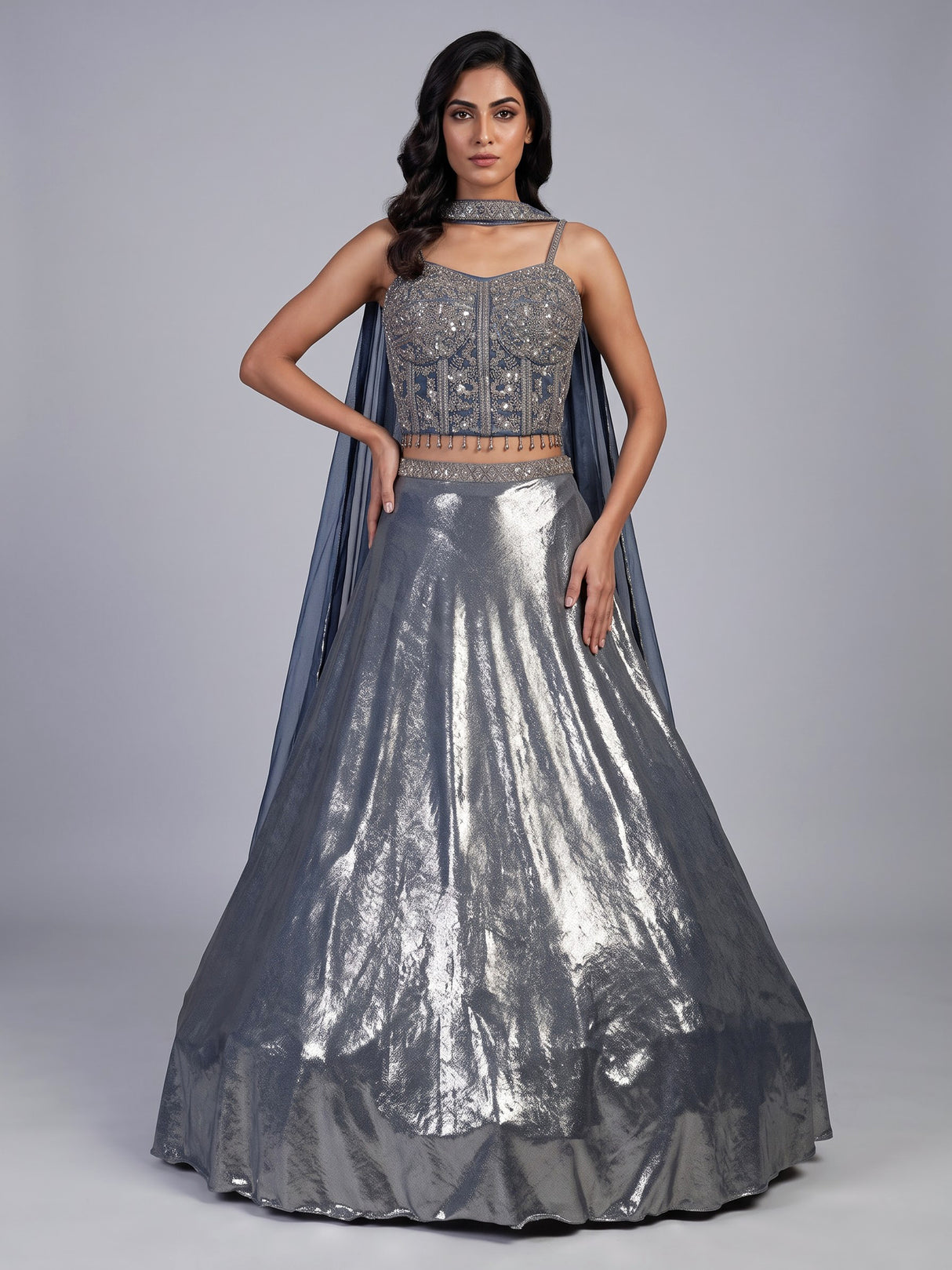 Mesmerizing stone blue shimmer tissue silk lehenga choli ensemble