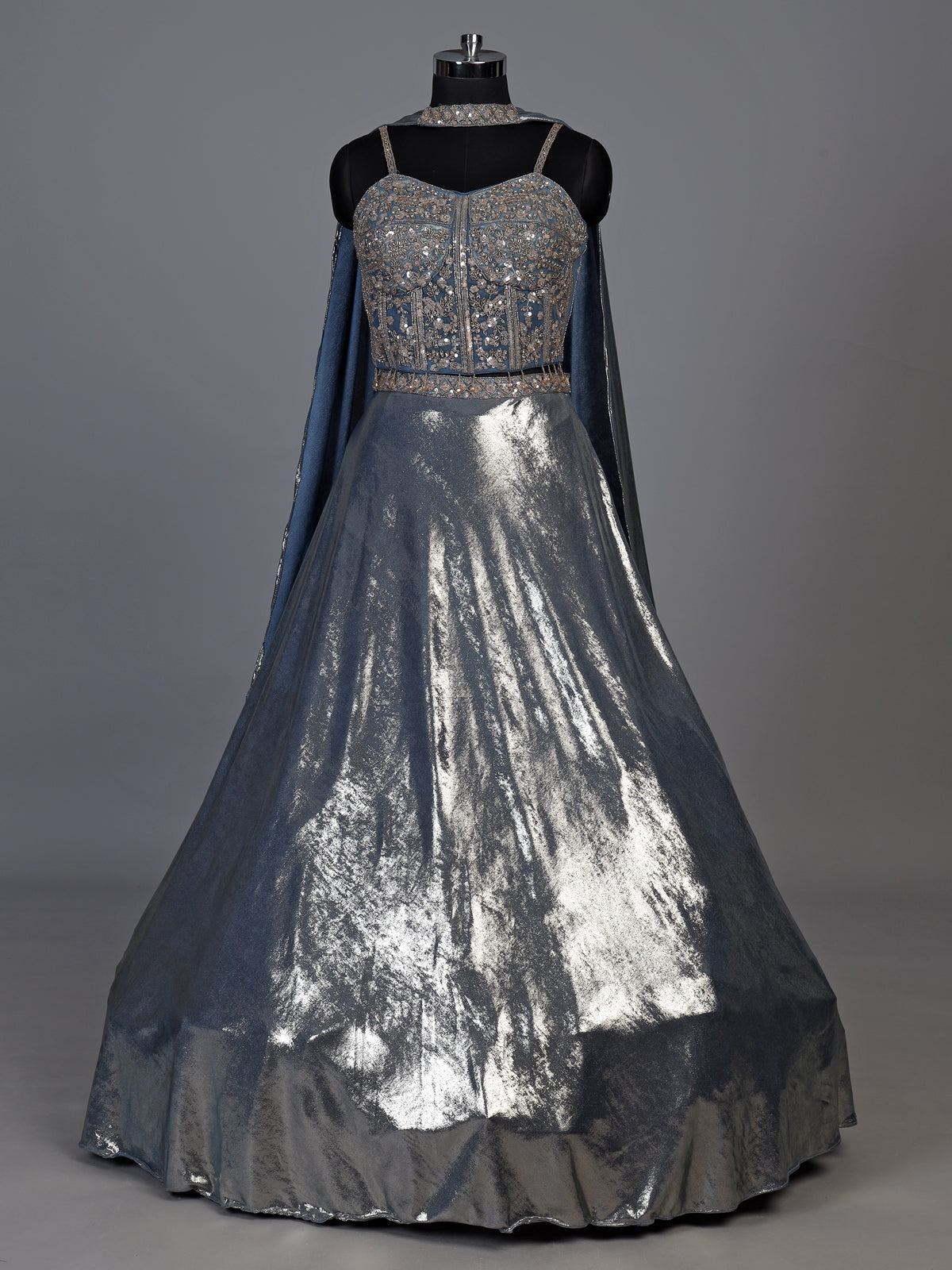 Mesmerizing stone blue shimmer tissue silk lehenga choli ensemble