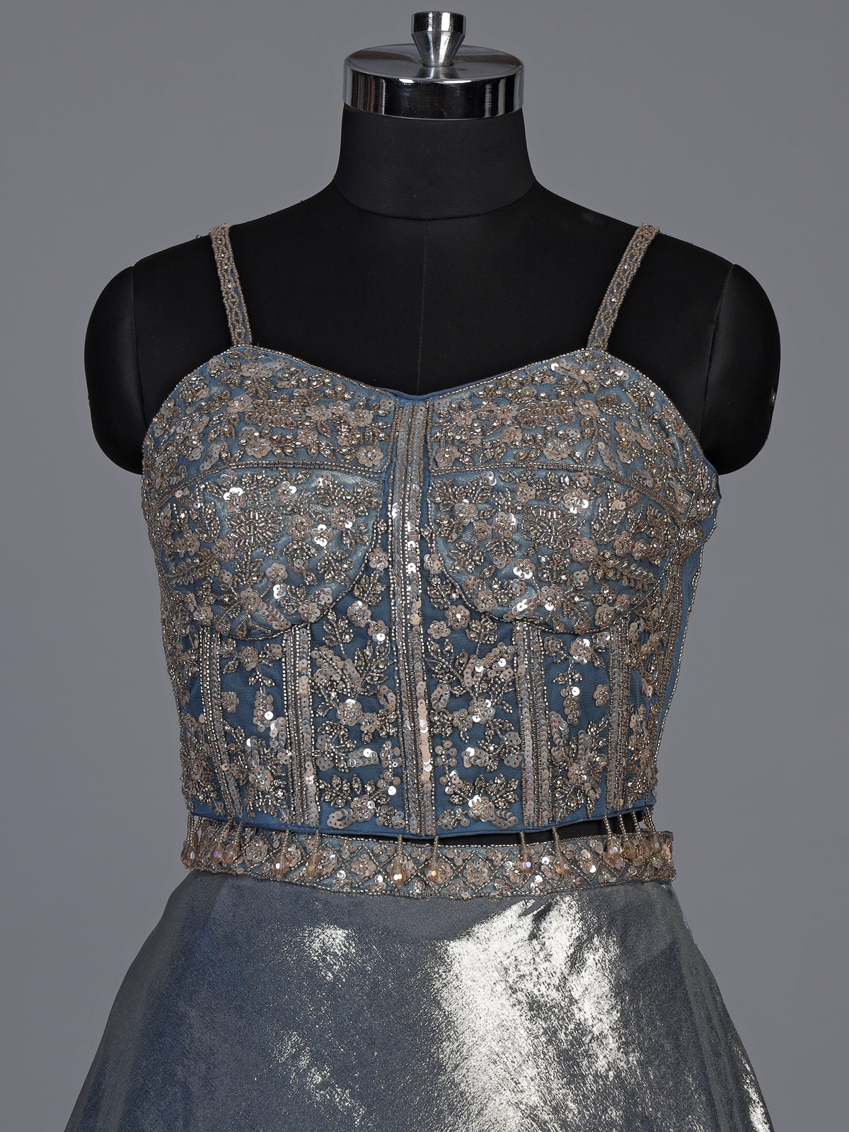 Mesmerizing stone blue shimmer tissue silk lehenga choli ensemble