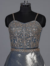 Mesmerizing stone blue shimmer tissue silk lehenga choli ensemble