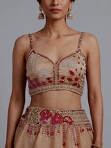 Beige organza tissue lehenga choli with embroidered jacket detailing