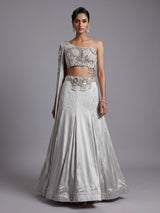 Elegant light grey satin silk lehenga choli with sparkling accents