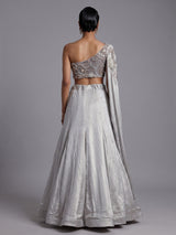 Elegant light grey satin silk lehenga choli with sparkling accents