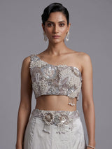 Elegant light grey satin silk lehenga choli with sparkling accents