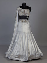 Elegant light grey satin silk lehenga choli with sparkling accents