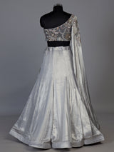 Elegant light grey satin silk lehenga choli with sparkling accents