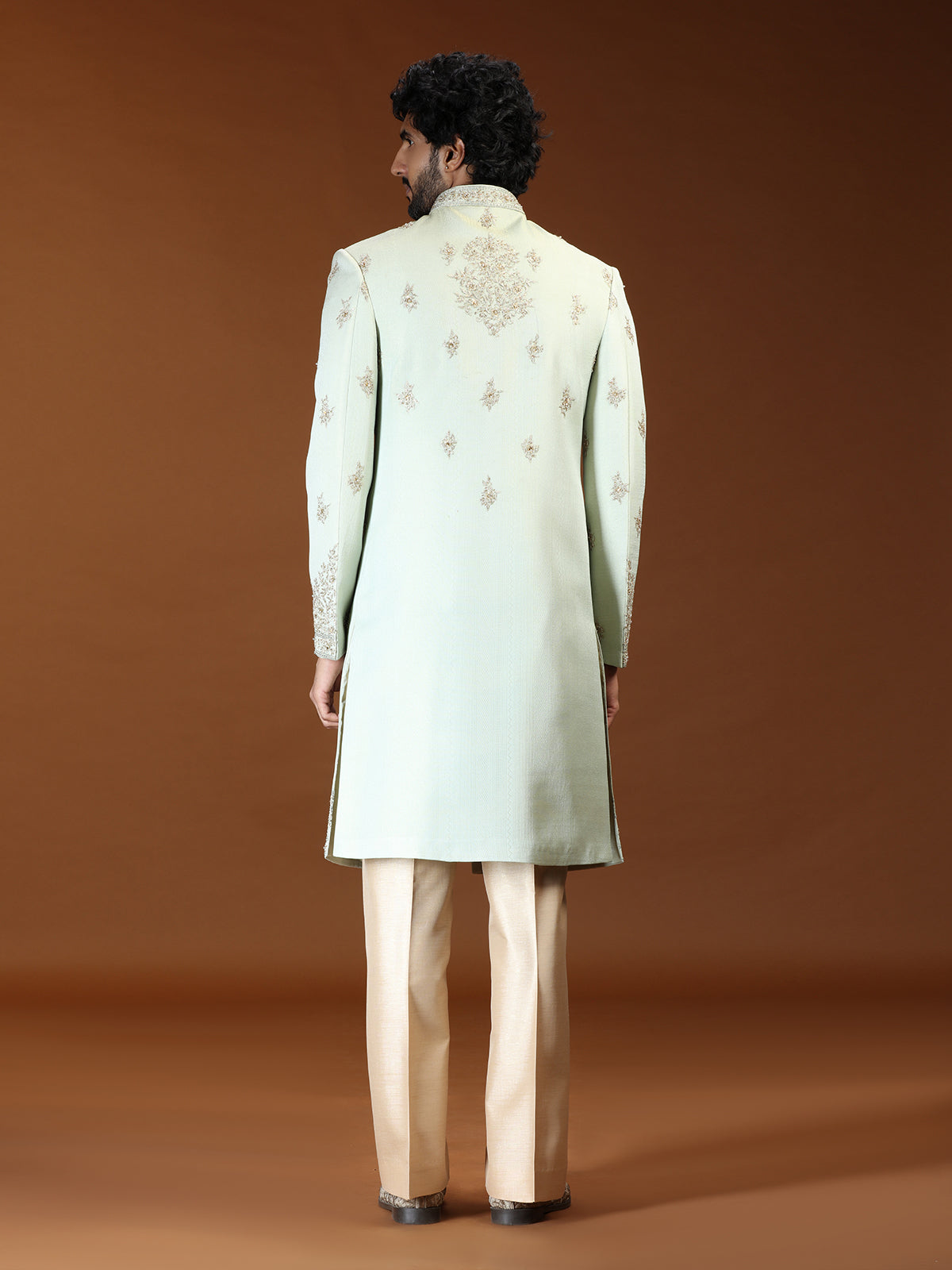 Mint green silk mens sherwani with imperial paisley motifs