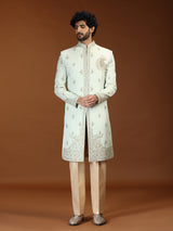 Mint green silk mens sherwani with imperial paisley motifs