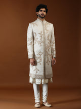 Cream silk mens sherwani with botanical embroidery
