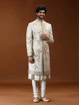 Cream silk mens sherwani with botanical embroidery