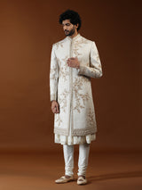 Cream silk mens sherwani with botanical embroidery