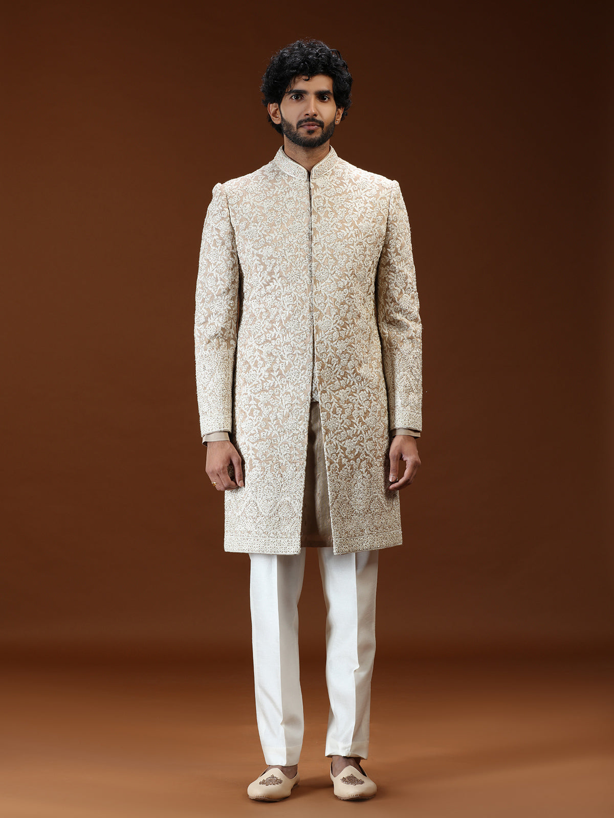 Light brown floral filigree mens sherwani