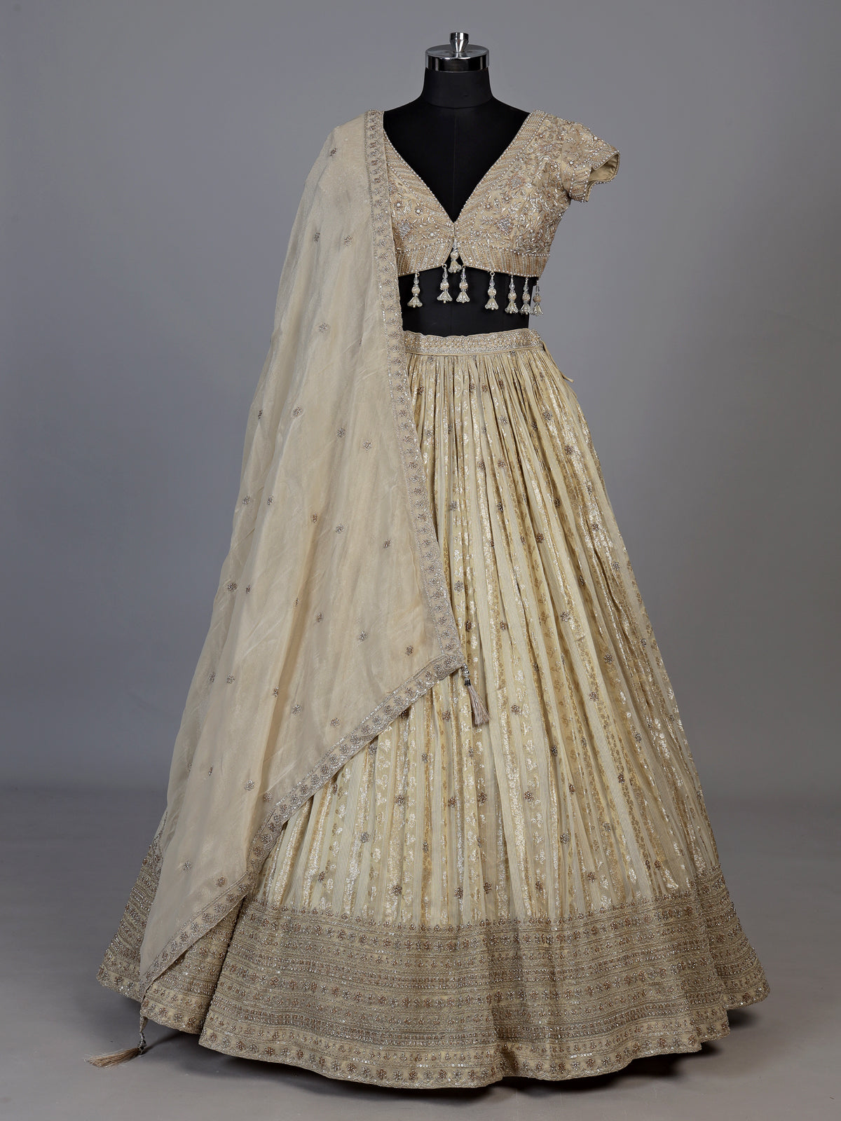 Beige elegant pearl tassel women lehenga choli