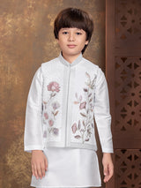 White floral threadwork boys waistcoat set
