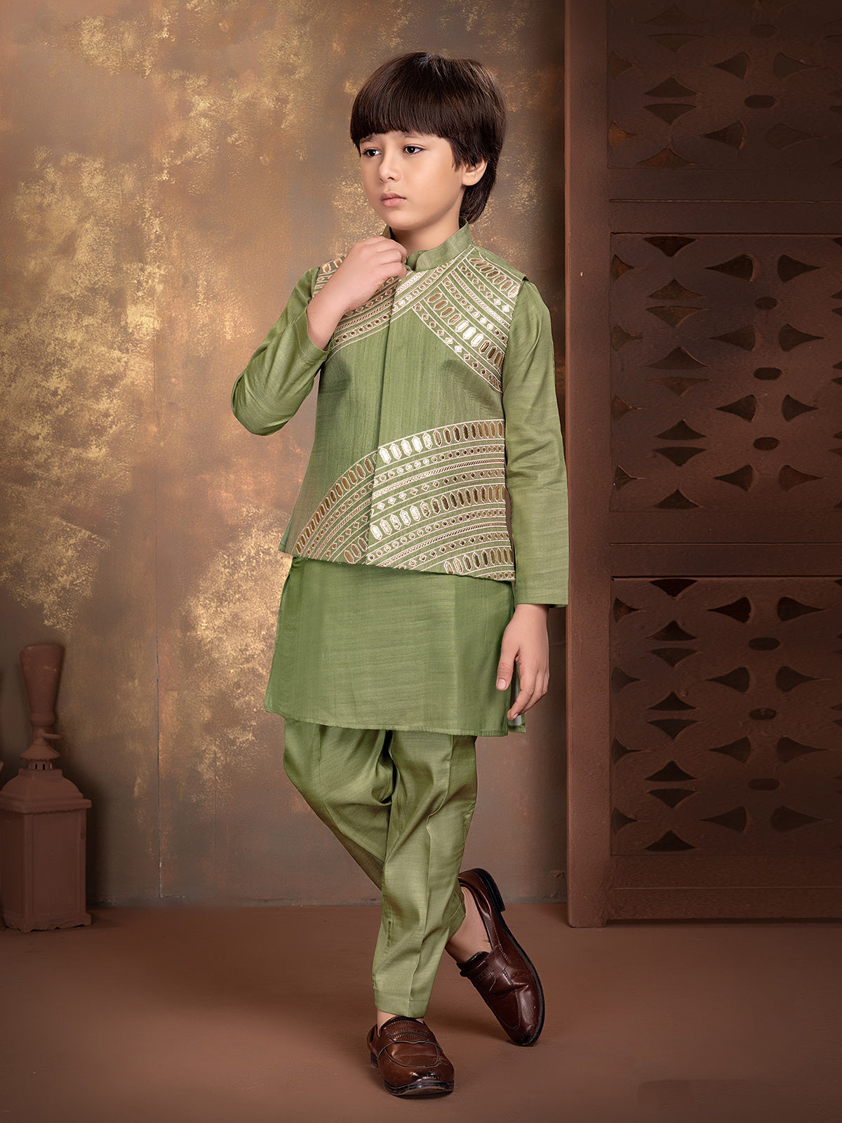 Green mirror work boys waistcoat set