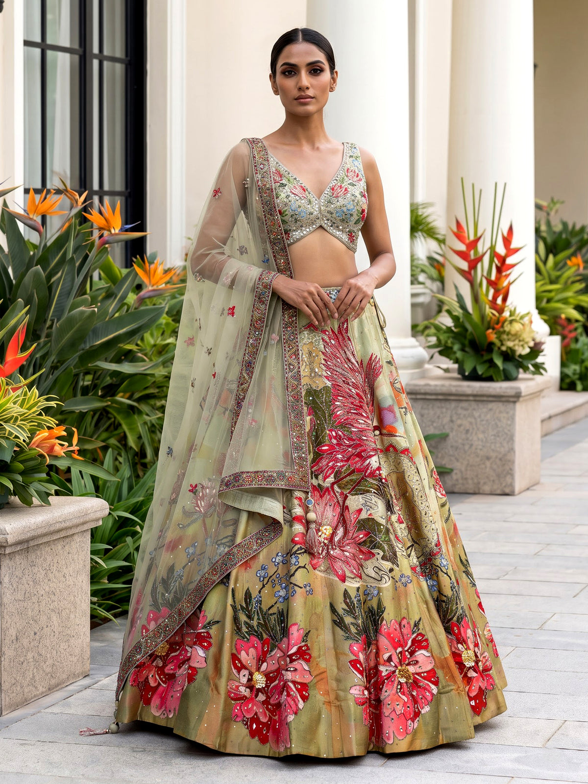 Green enchanting botanical silk women lehenga choli