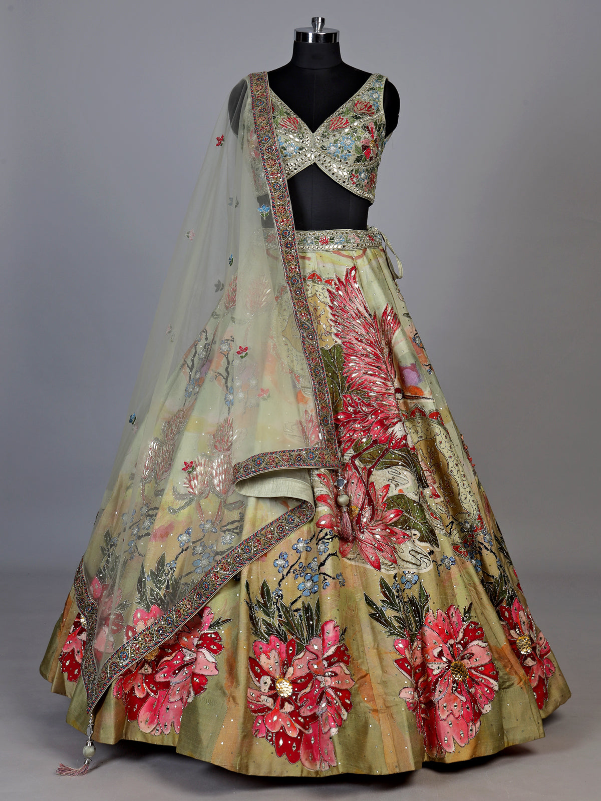 Green enchanting botanical silk women lehenga choli