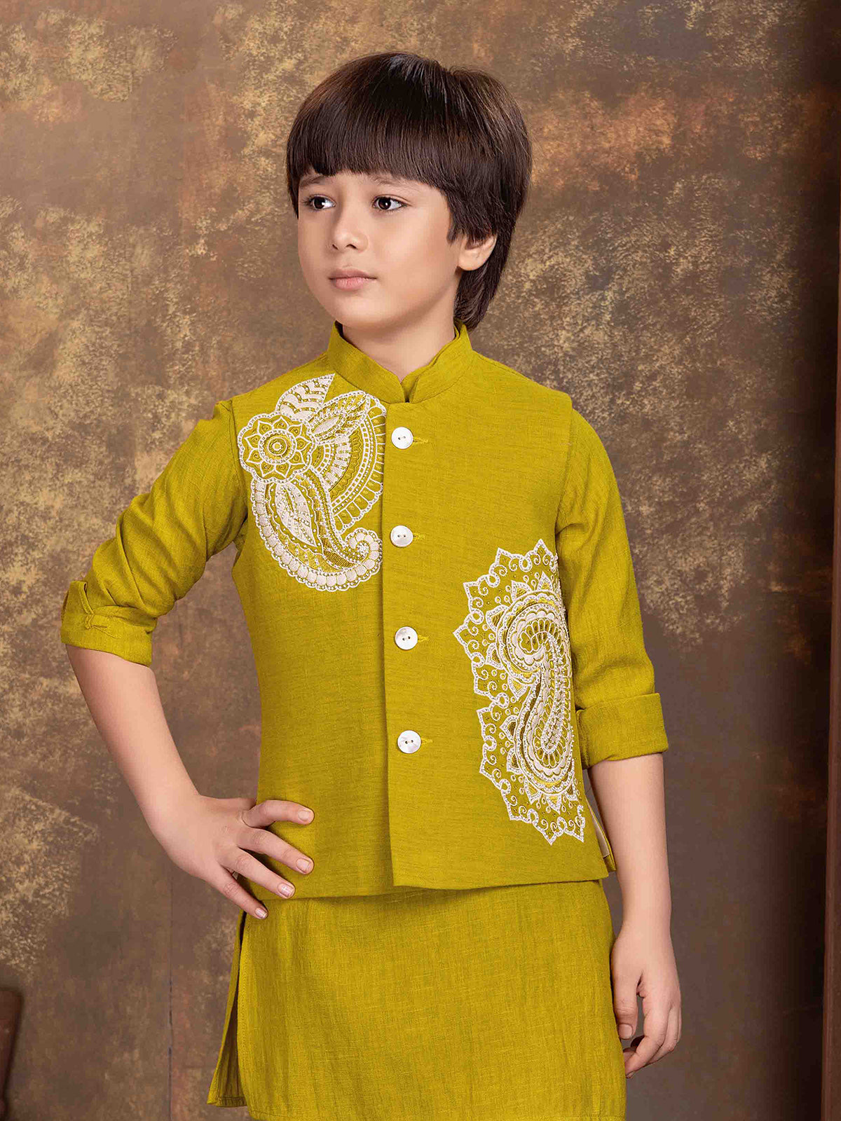 Mustard yellow paisley boys waistcoat set