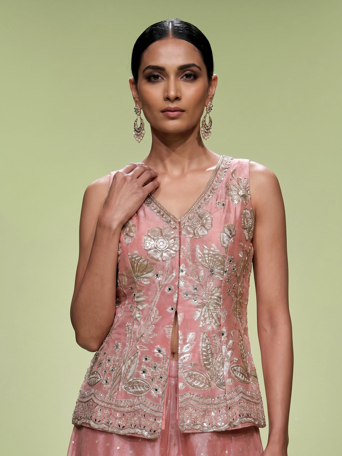 peach shimmer georgette silk palazzo suit with embellishments