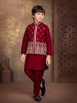 Maroon mughal paisley boys waistcoat set