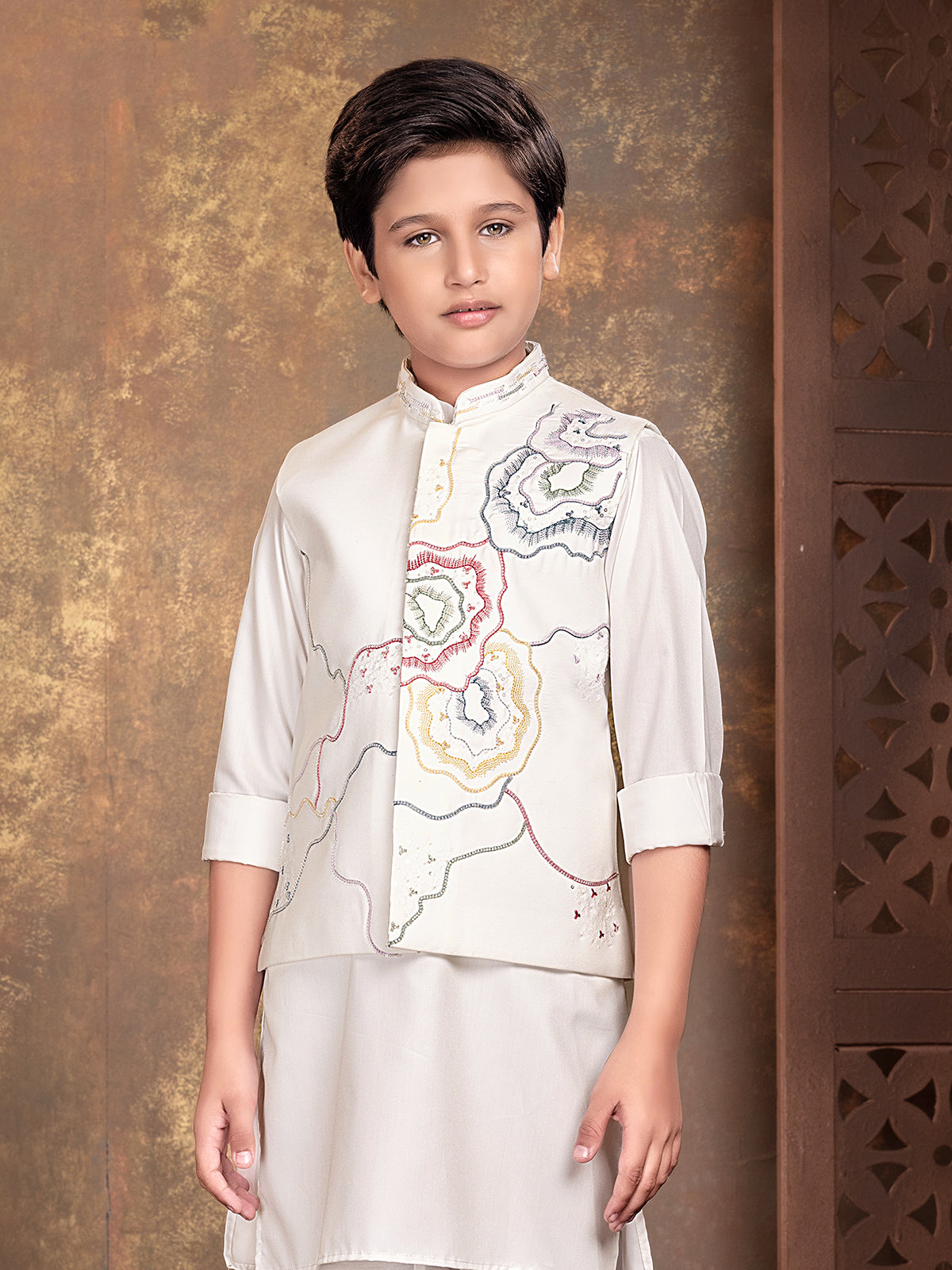 Off white abstract boys waistcoat set