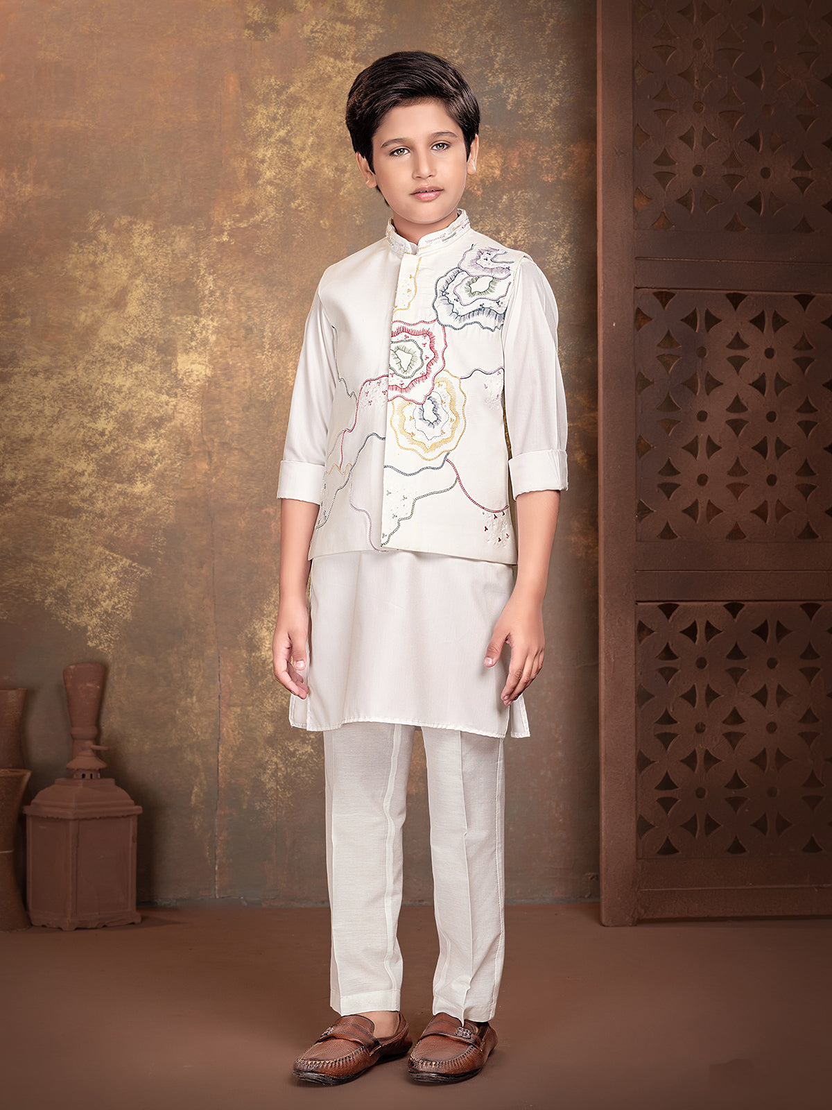 Off white abstract boys waistcoat set