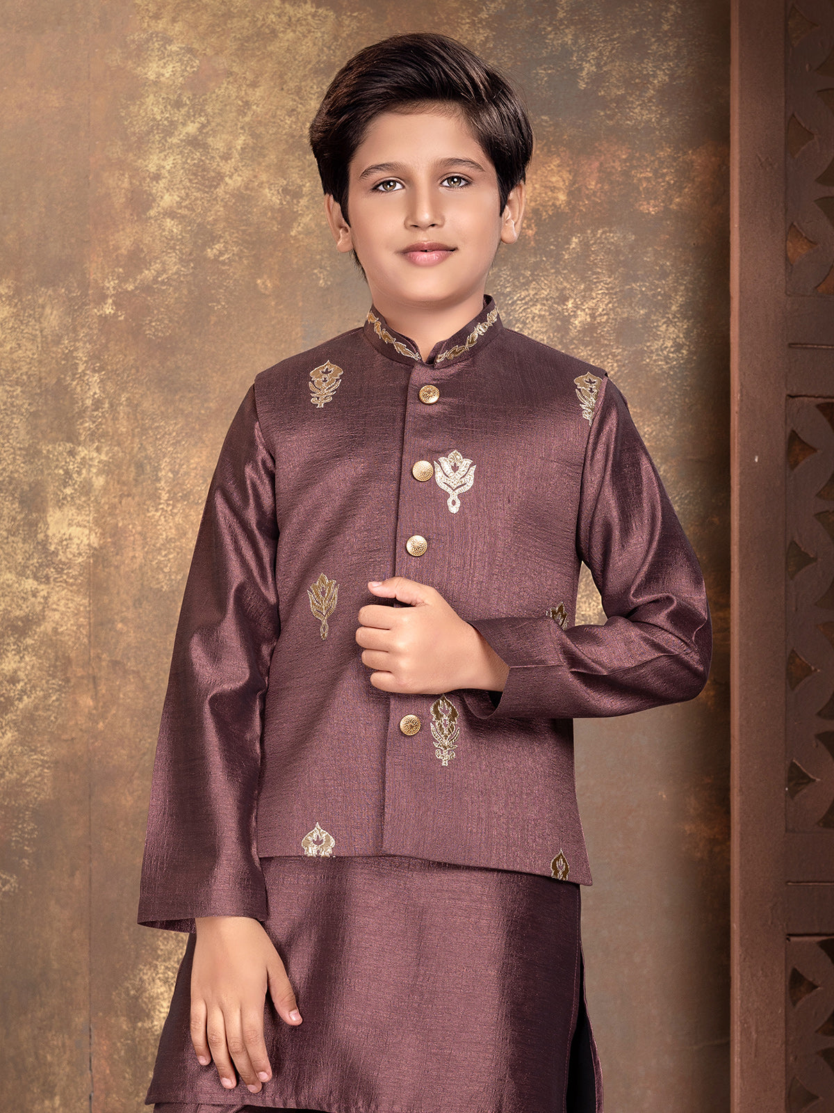 Wine floral crest boys waistcoat set