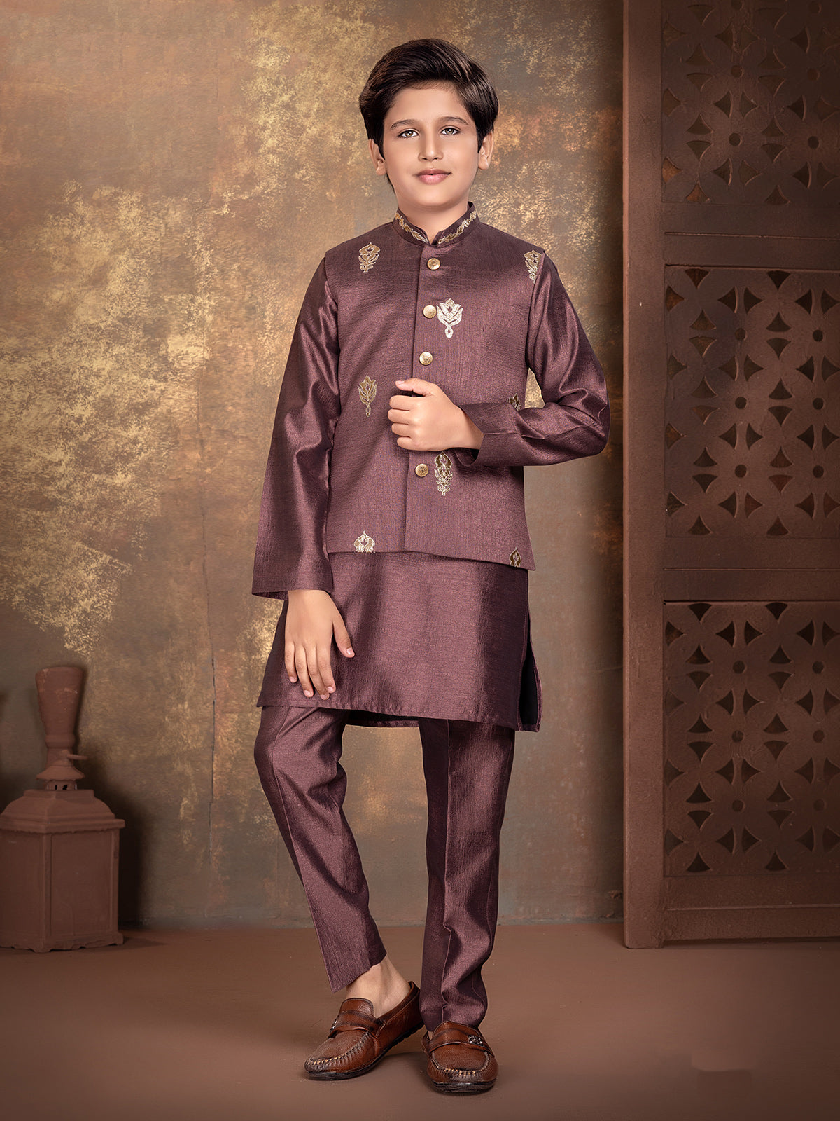 Wine floral crest boys waistcoat set