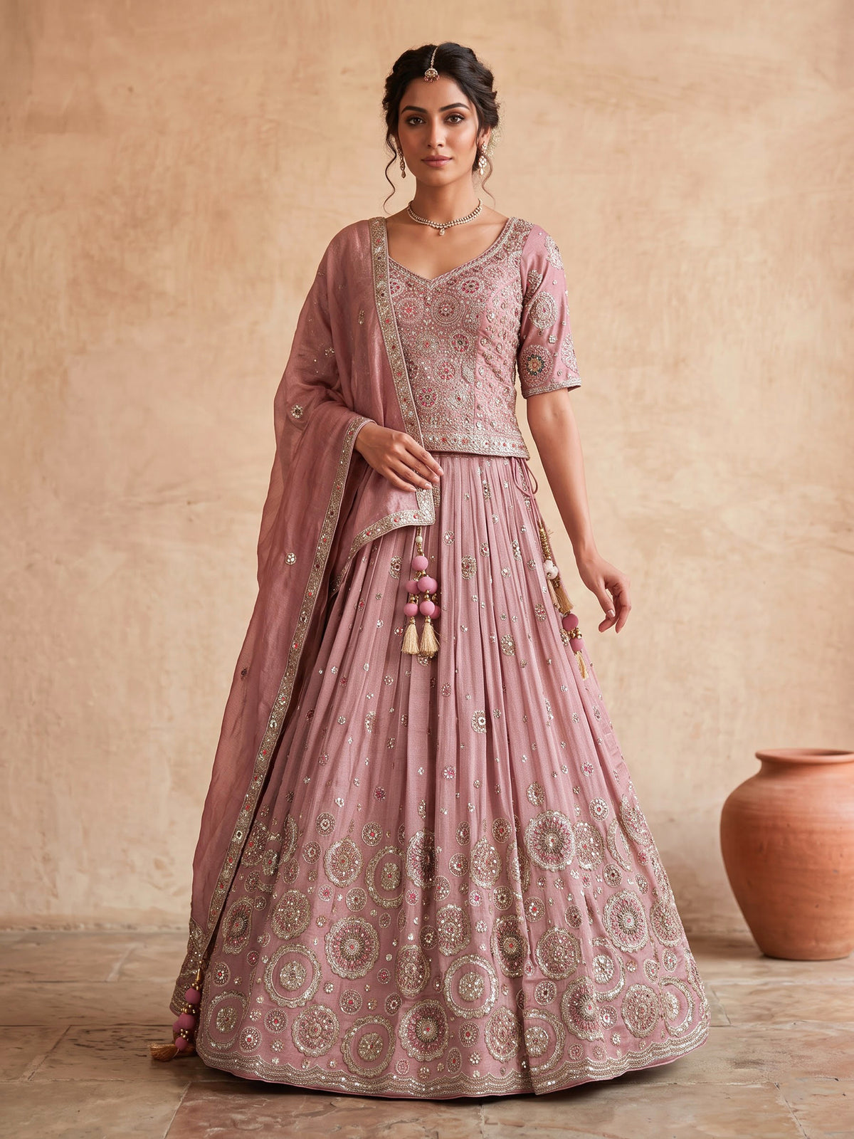 Pink floral cartouche women lehenga choli