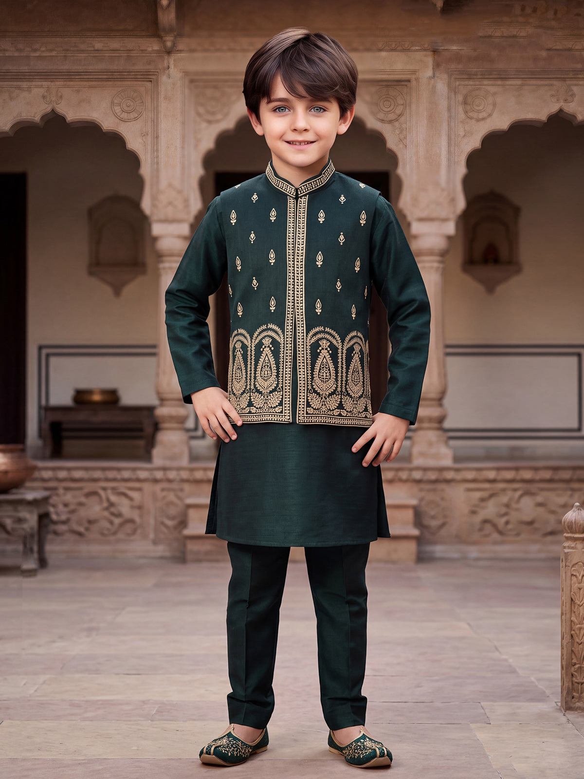Bottle green mughal boys waistcoat set