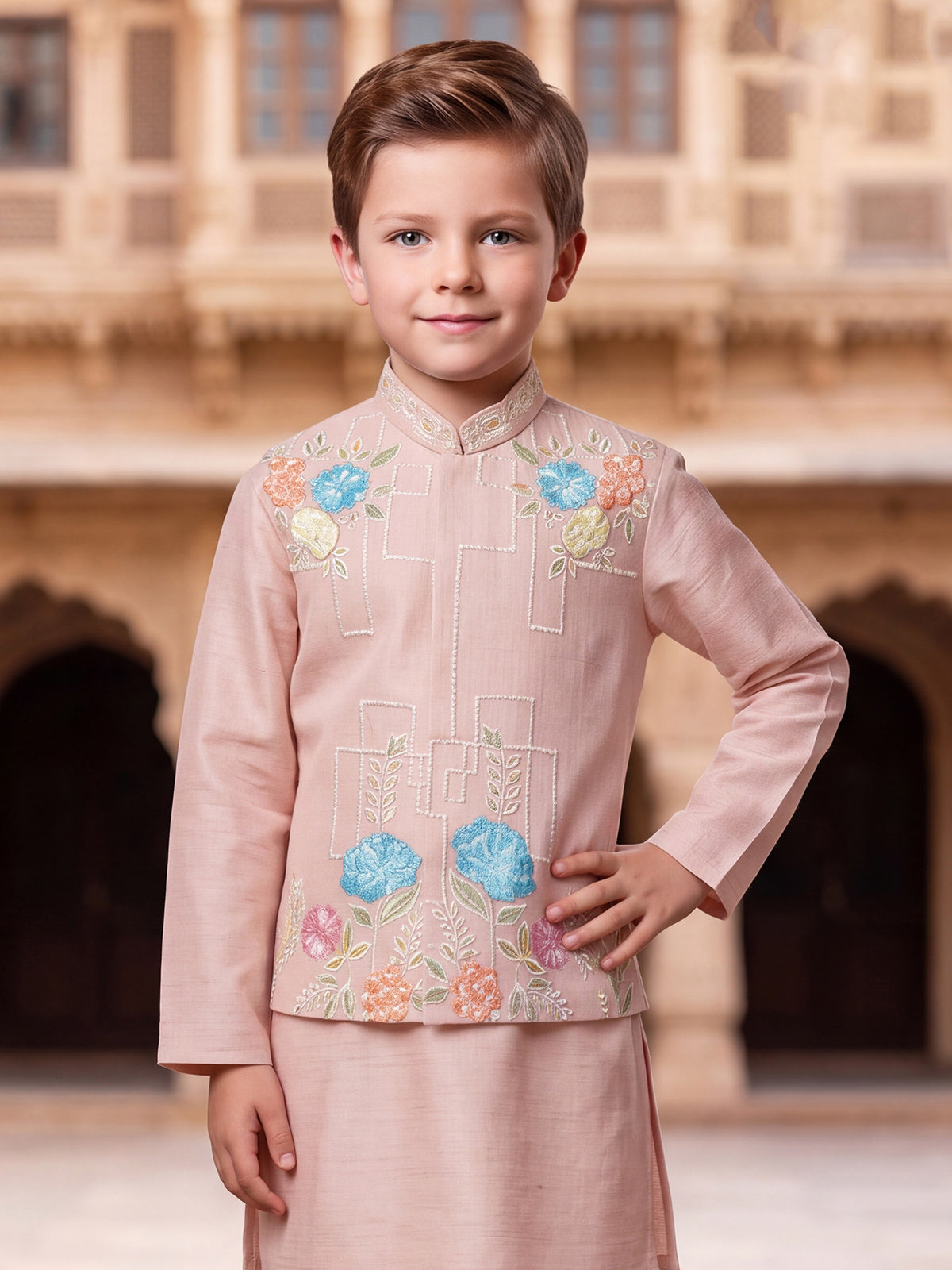 Powder peach floral boys waistcoat set
