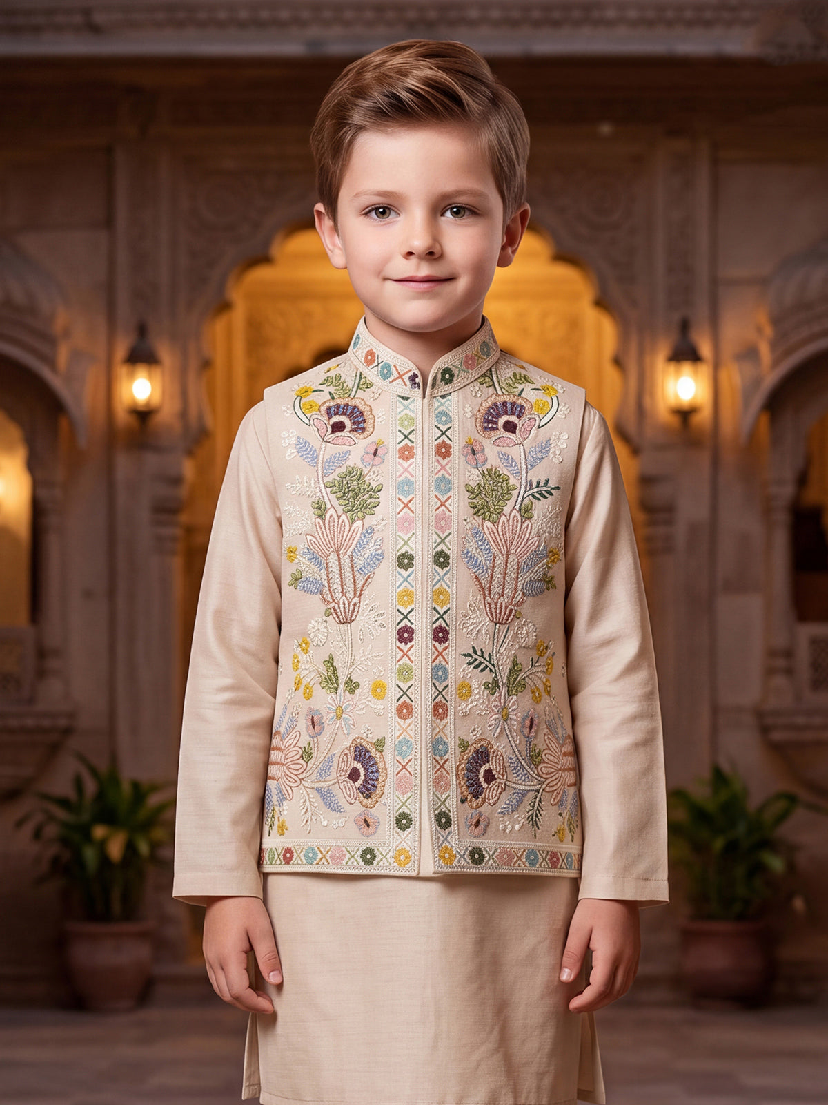 Light peach botanical panel boys waistcoat set