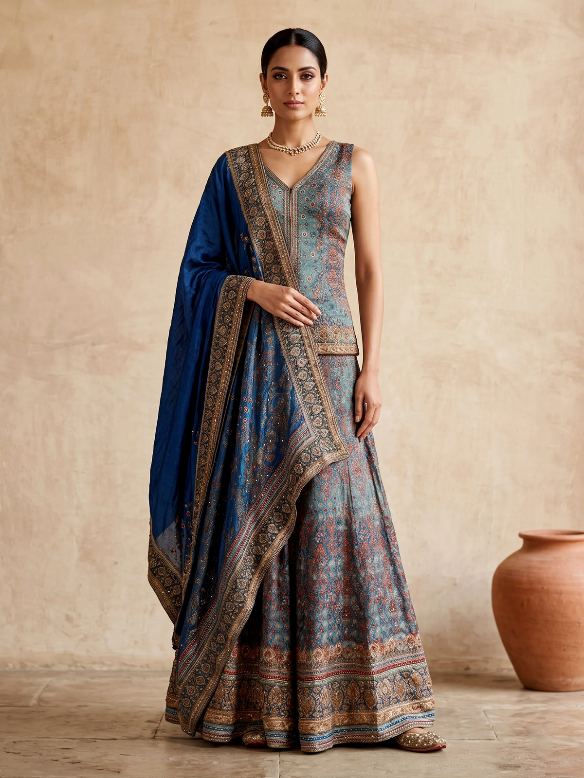Pastel blue floral printed sharara suit