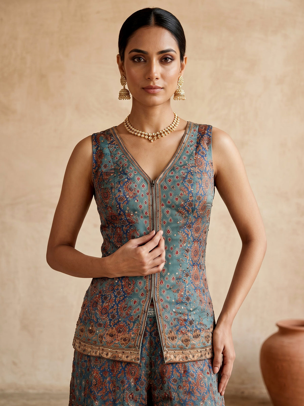 Pastel blue floral printed sharara suit
