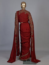 Maroon designer cape style ready to wear saree