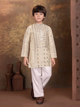 Beige mirror work boys kurta suit