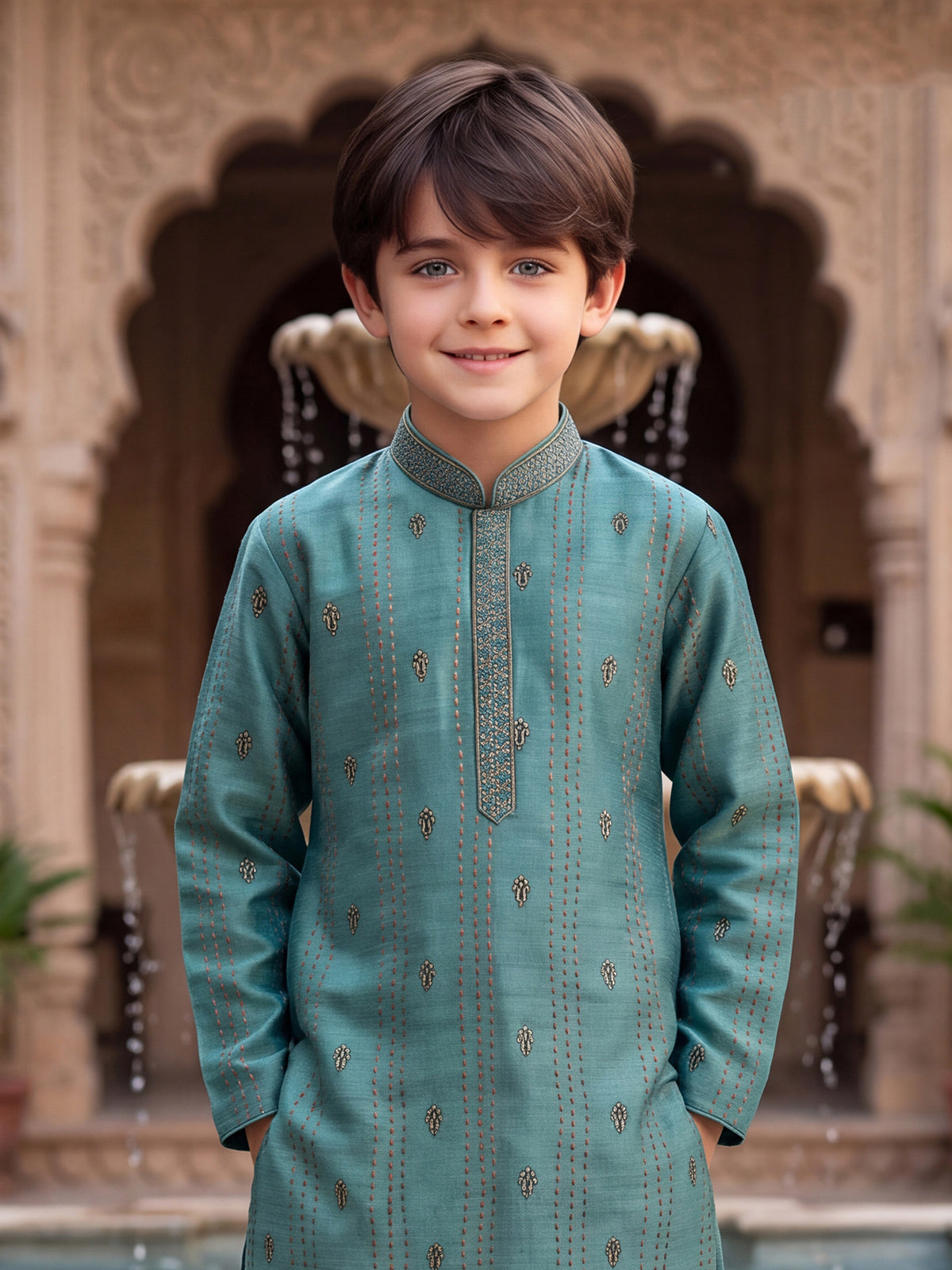 Sea green striped boys kurta suit
