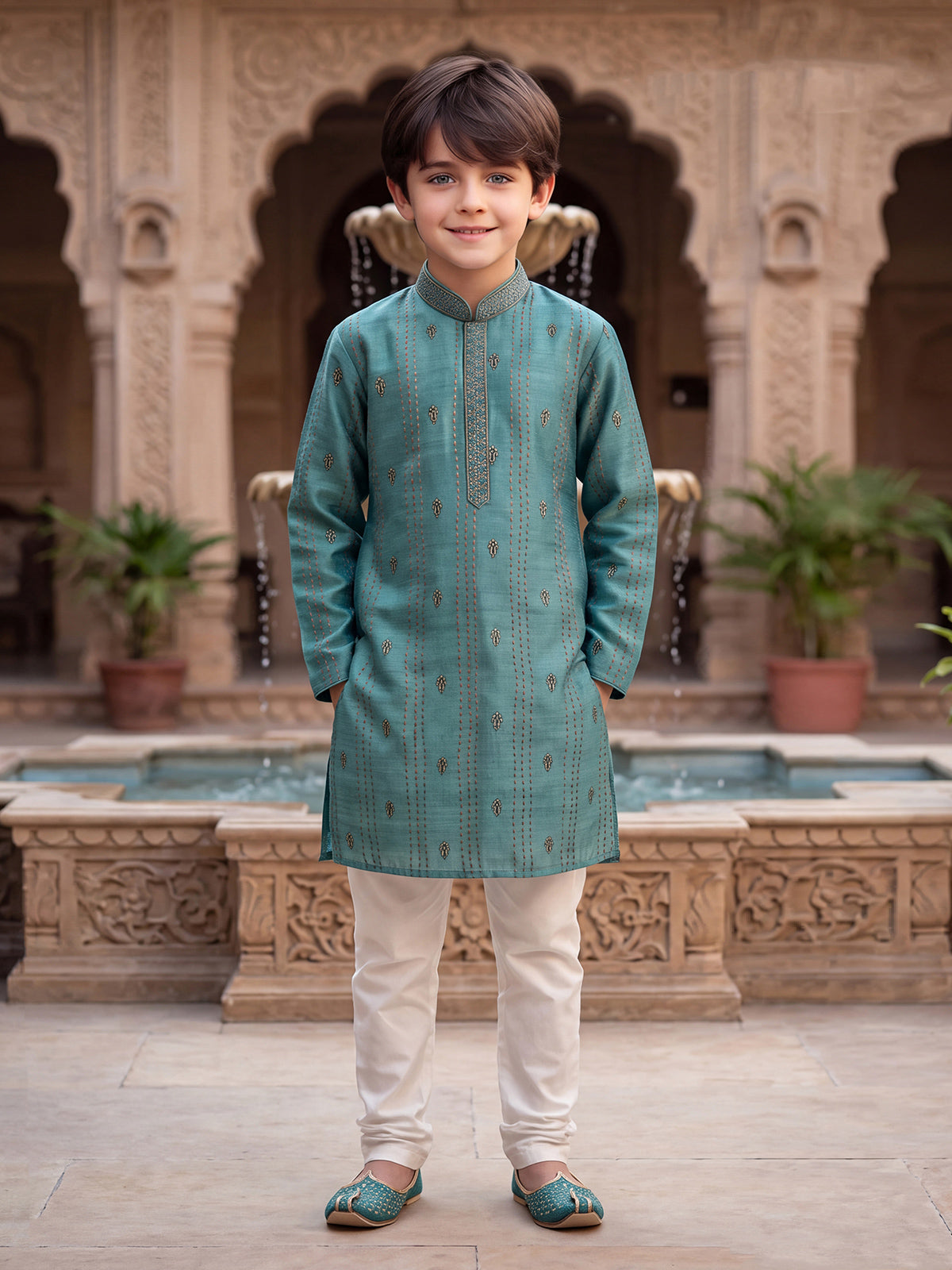 Sea green striped boys kurta suit