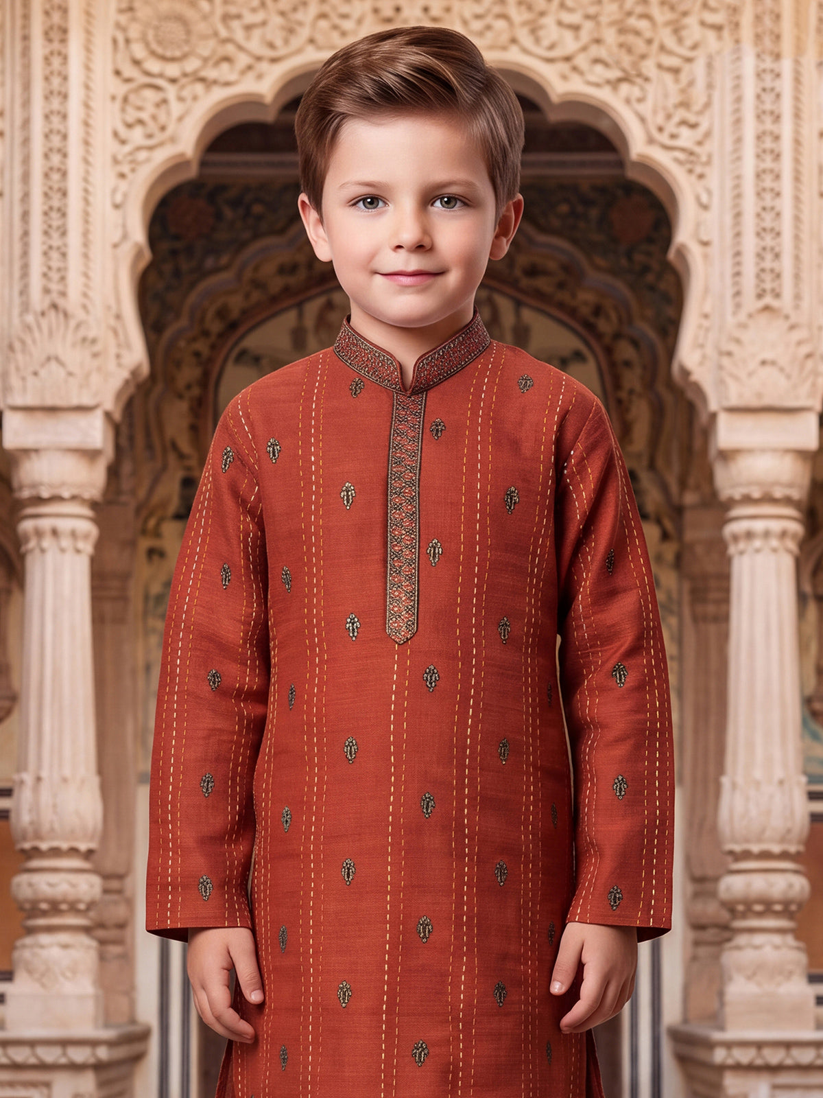 Rust orange striped boys kurta suit