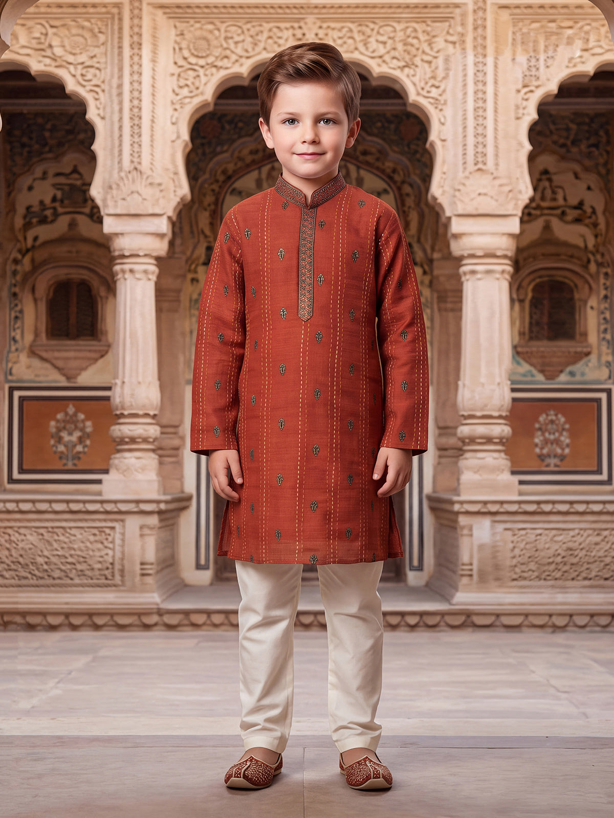 Rust orange striped boys kurta suit