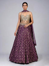 Purple bandhani mirror embellished women’s silk lehenga choli